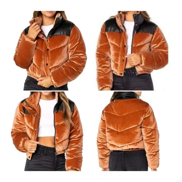 Celebrity Pink Women's Bronze Velvet Bomber Puffer Crop‎ Jacket XL Comfortable - Picture 3 of 10